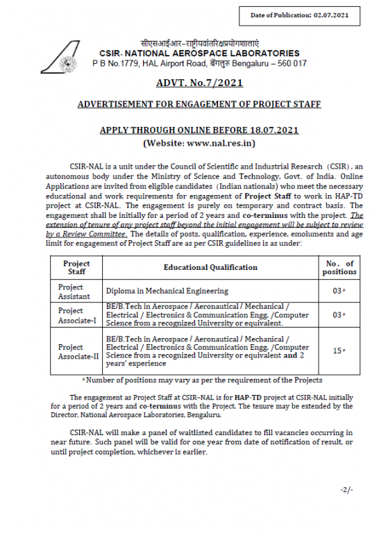 ADVERTISEMENT FOR ENGAGEMENT OF PROJECT STAFF , ADVT. NO.7/2021. - CSIR ...